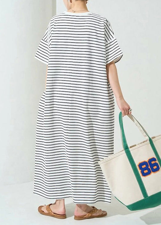Classy White Oversized Striped Cotton Maxi Dress Summer