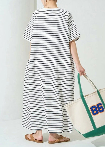 Classy White Oversized Striped Cotton Maxi Dress Summer