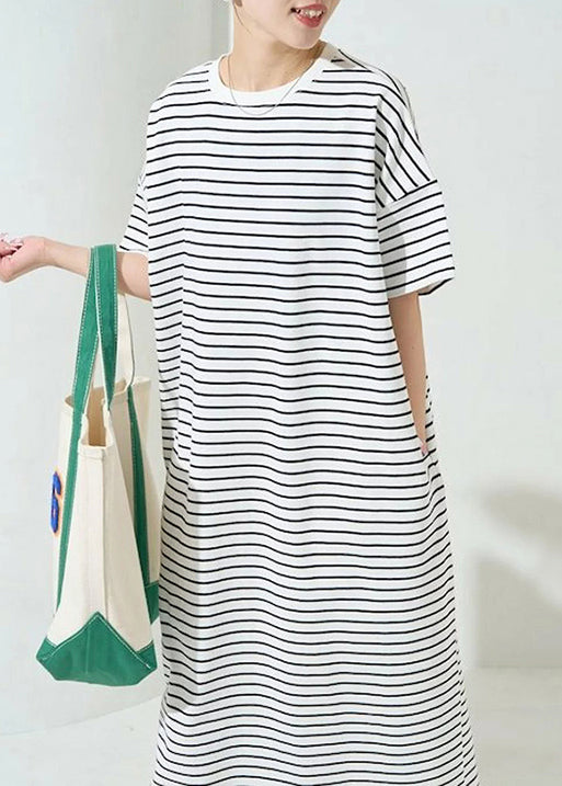 Classy White Oversized Striped Cotton Maxi Dress Summer
