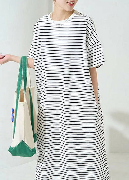 Classy White Oversized Striped Cotton Maxi Dress Summer