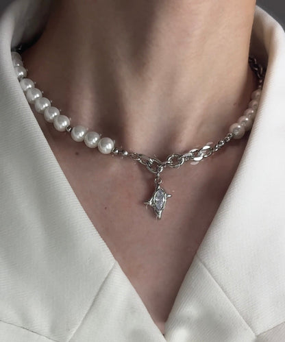 Classy White Pearl Patchwork Tungsten Steel Zircon Pendant Choker