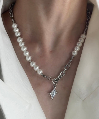 Classy White Pearl Patchwork Tungsten Steel Zircon Pendant Choker