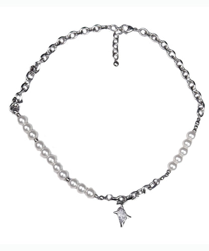 Classy White Pearl Patchwork Tungsten Steel Zircon Pendant Choker