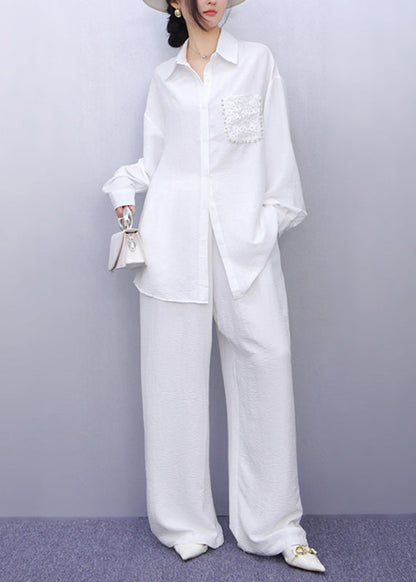 Classy White Peter Pan Collar Nail Bead Shirt And Wide Leg Pants Two Piece Set Fall