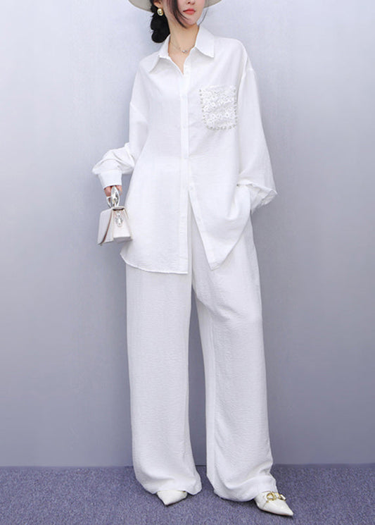 Classy White Peter Pan Collar Nail Bead Shirt And Wide Leg Pants Two Piece Set Fall