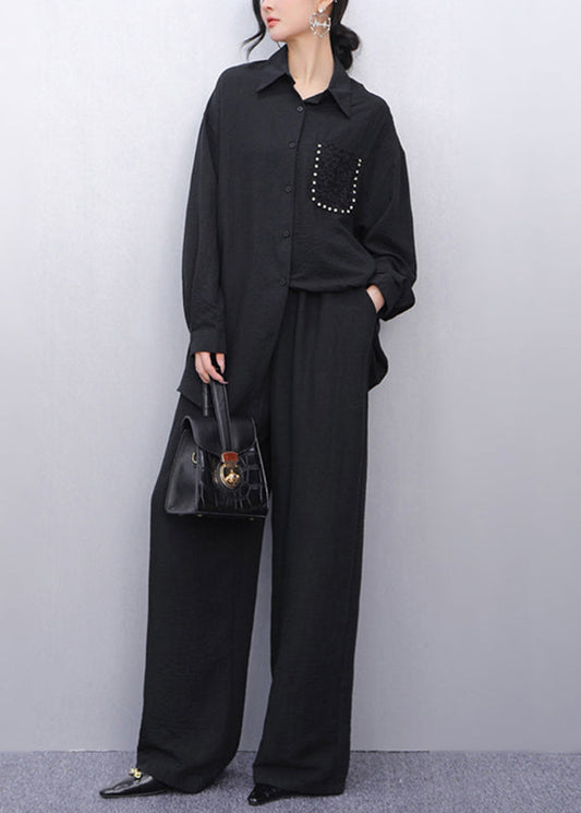 Classy White Peter Pan Collar Nail Bead Shirt And Wide Leg Pants Two Piece Set Fall