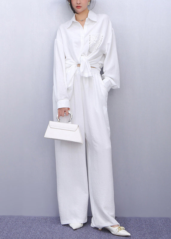 Classy White Peter Pan Collar Nail Bead Shirt And Wide Leg Pants Two Piece Set Fall