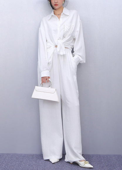 Classy White Peter Pan Collar Nail Bead Shirt And Wide Leg Pants Two Piece Set Fall