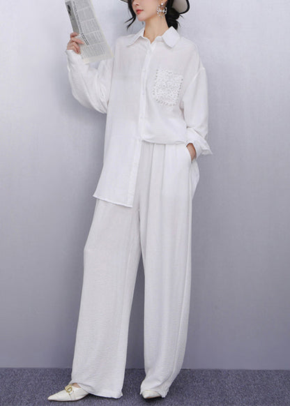 Classy White Peter Pan Collar Nail Bead Shirt And Wide Leg Pants Two Piece Set Fall