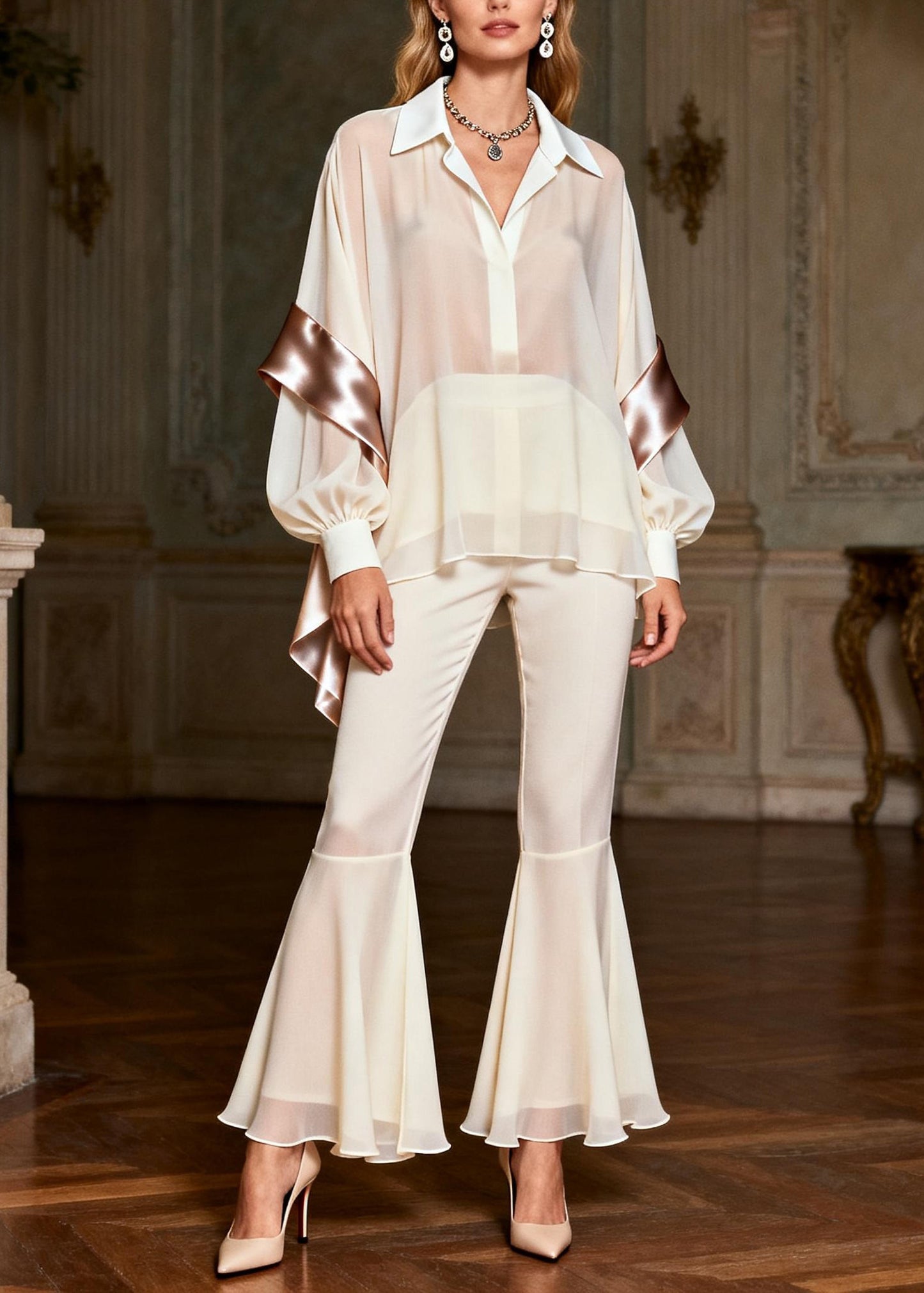 Classy White Peter Pan Collar Patchwork Silk 2 Piece Outfit Spring