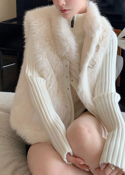 Classy White Pockets Leather And Fur Waistcoat Winter