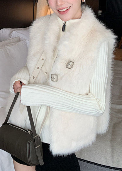 Classy White Pockets Leather And Fur Waistcoat Winter