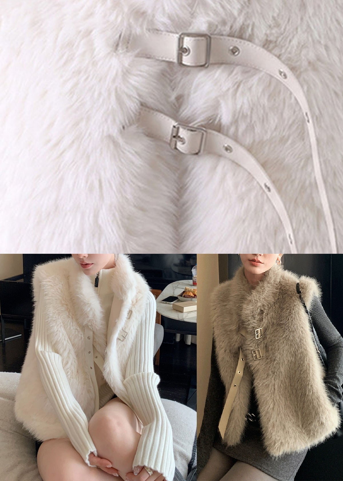 Classy White Pockets Leather And Fur Waistcoat Winter
