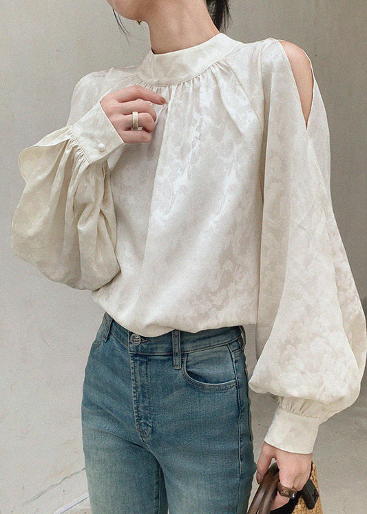 Classy White Print Asymmetrical Hollow Out Shirt Spring