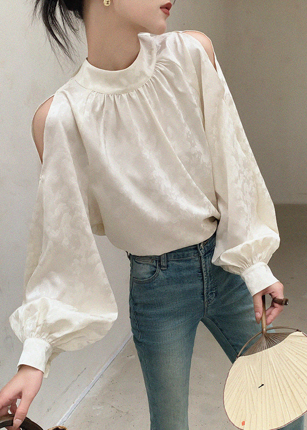 Classy White Print Asymmetrical Hollow Out Shirt Spring