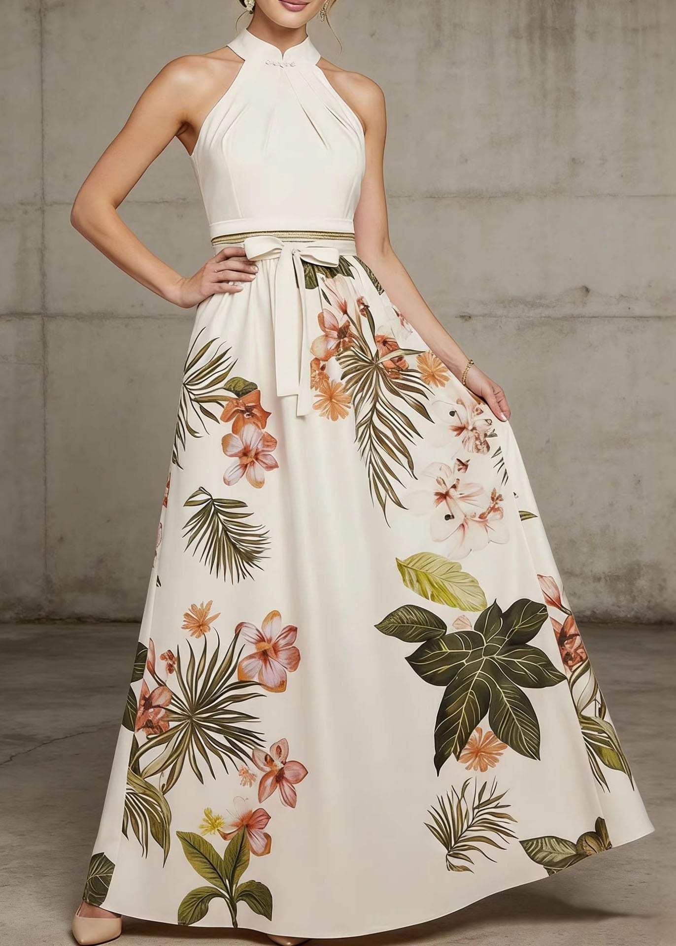 Classy White Print Halter Lace Up Cotton Dress Sleeveless