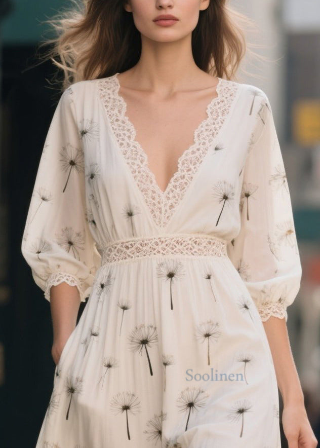 Classy White Print Lace Patchwork Chiffon Dress Summer