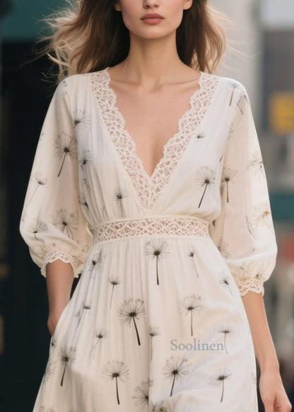 Classy White Print Lace Patchwork Chiffon Dress Summer