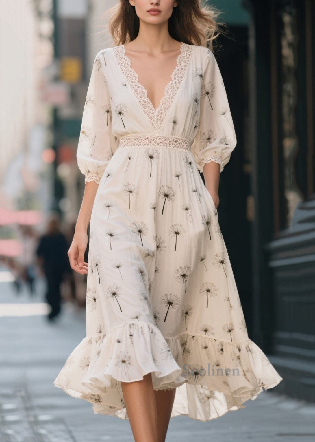 Classy White Print Lace Patchwork Chiffon Dress Summer