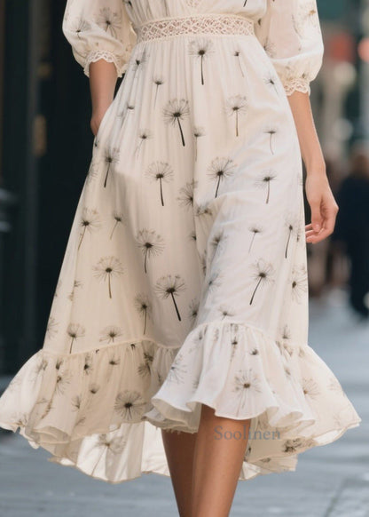 Classy White Print Lace Patchwork Chiffon Dress Summer