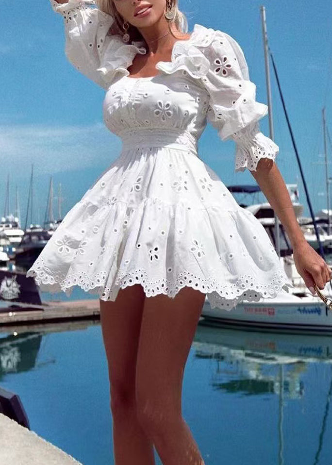 Classy White Ruffled Hollow Out Cotton Mini Dresses Half Sleeve