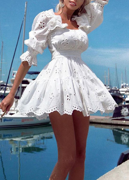 Classy White Ruffled Hollow Out Cotton Mini Dresses Half Sleeve