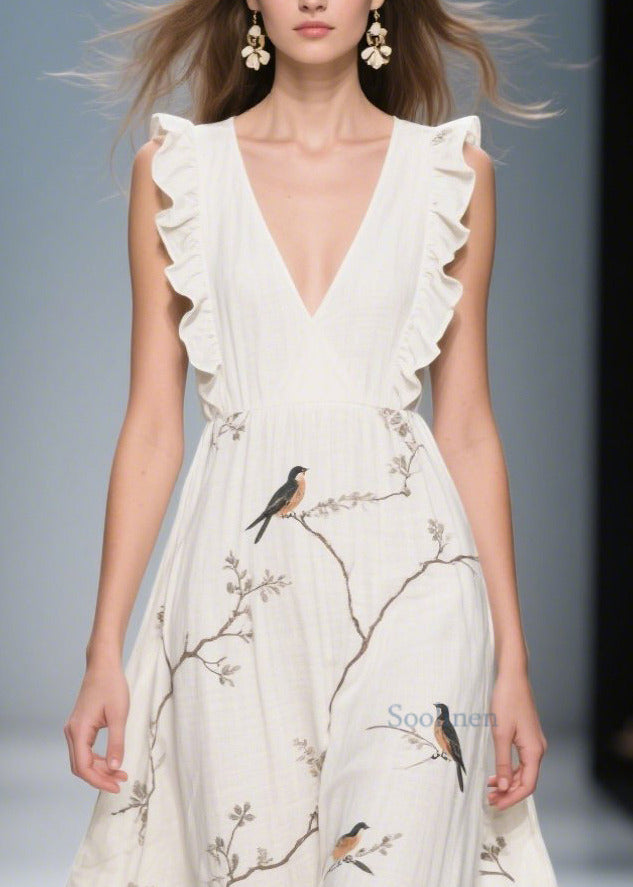 Classy White Ruffled Print Cotton Holiday Dress Summer