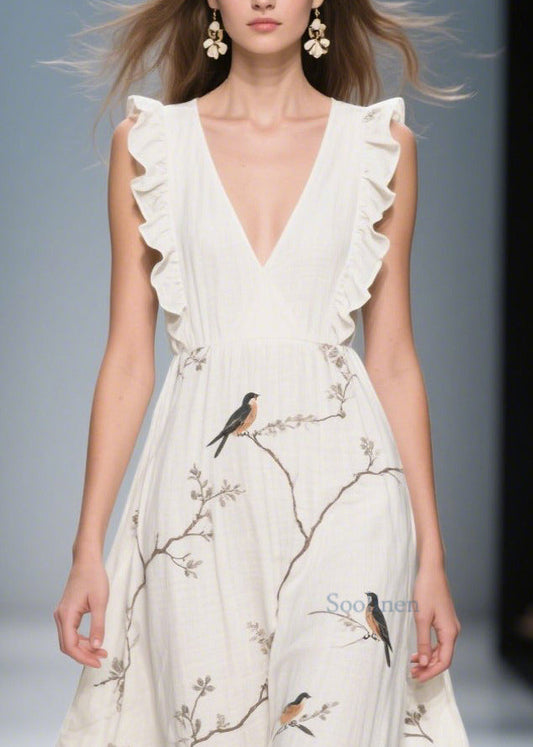 Classy White Ruffled Print Cotton Holiday Dress Summer