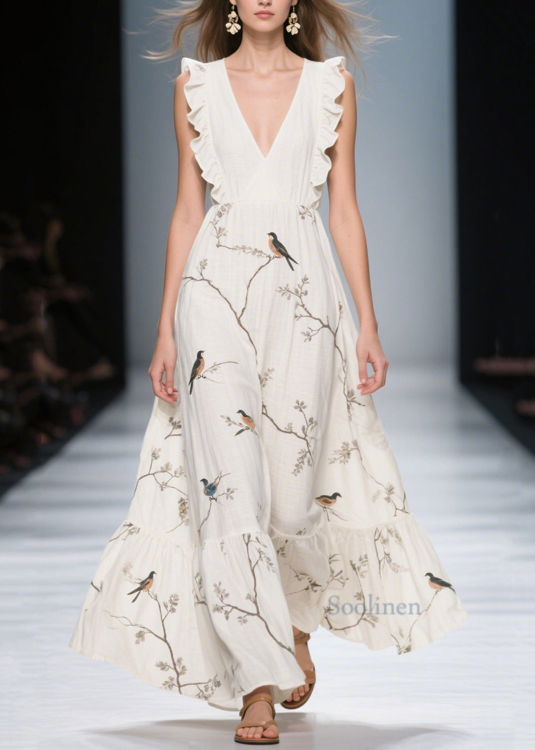 Classy White Ruffled Print Cotton Holiday Dress Summer