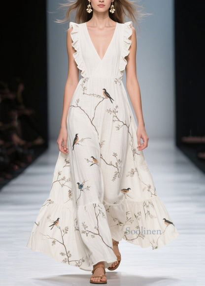 Classy White Ruffled Print Cotton Holiday Dress Summer