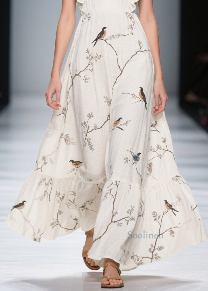 Classy White Ruffled Print Cotton Holiday Dress Summer