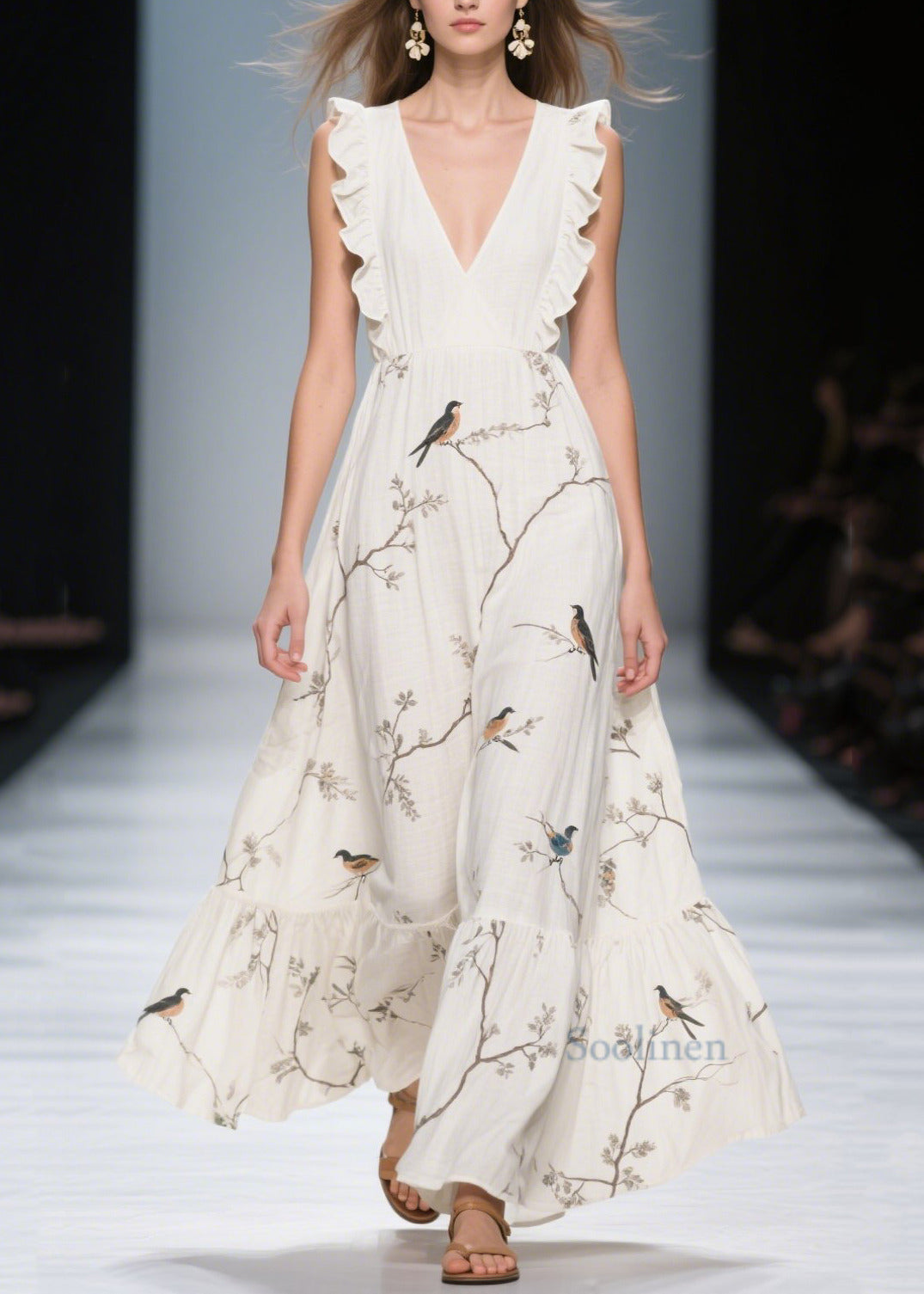 Classy White Ruffled Print Cotton Holiday Dress Summer