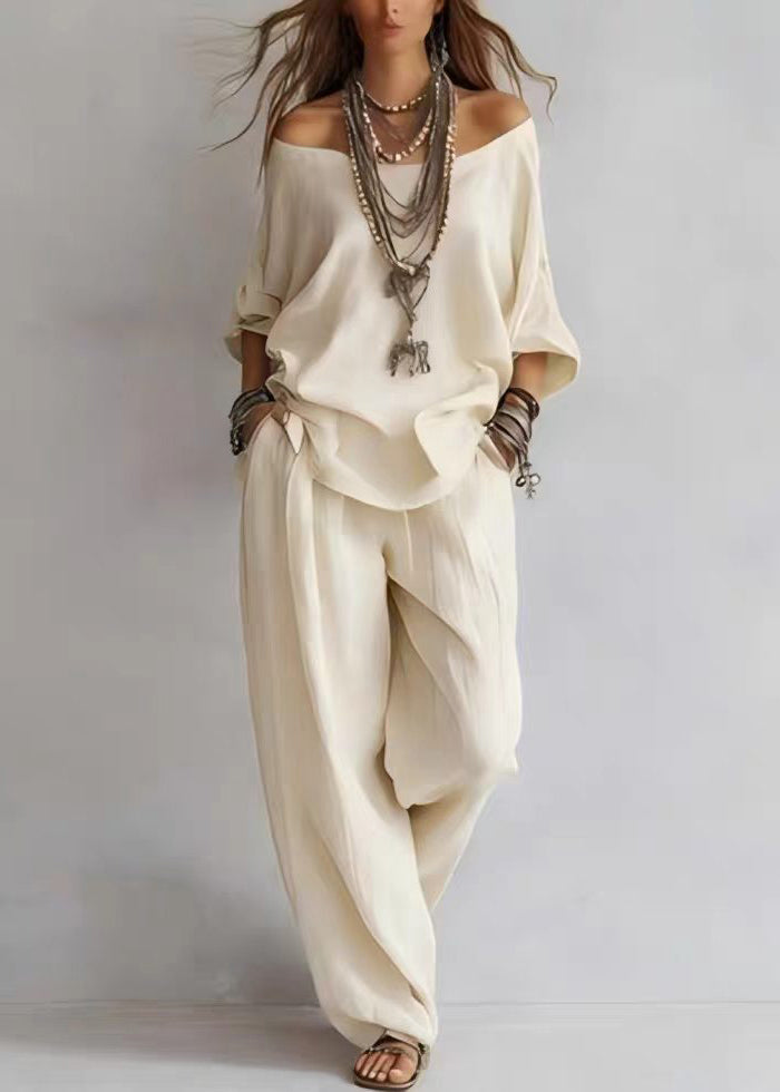 Classy White Slash Neck Top And Wide Leg Pants Two Pieces Set Bracelet Sleeve