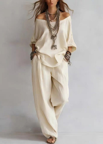 Classy White Slash Neck Top And Wide Leg Pants Two Pieces Set Bracelet Sleeve