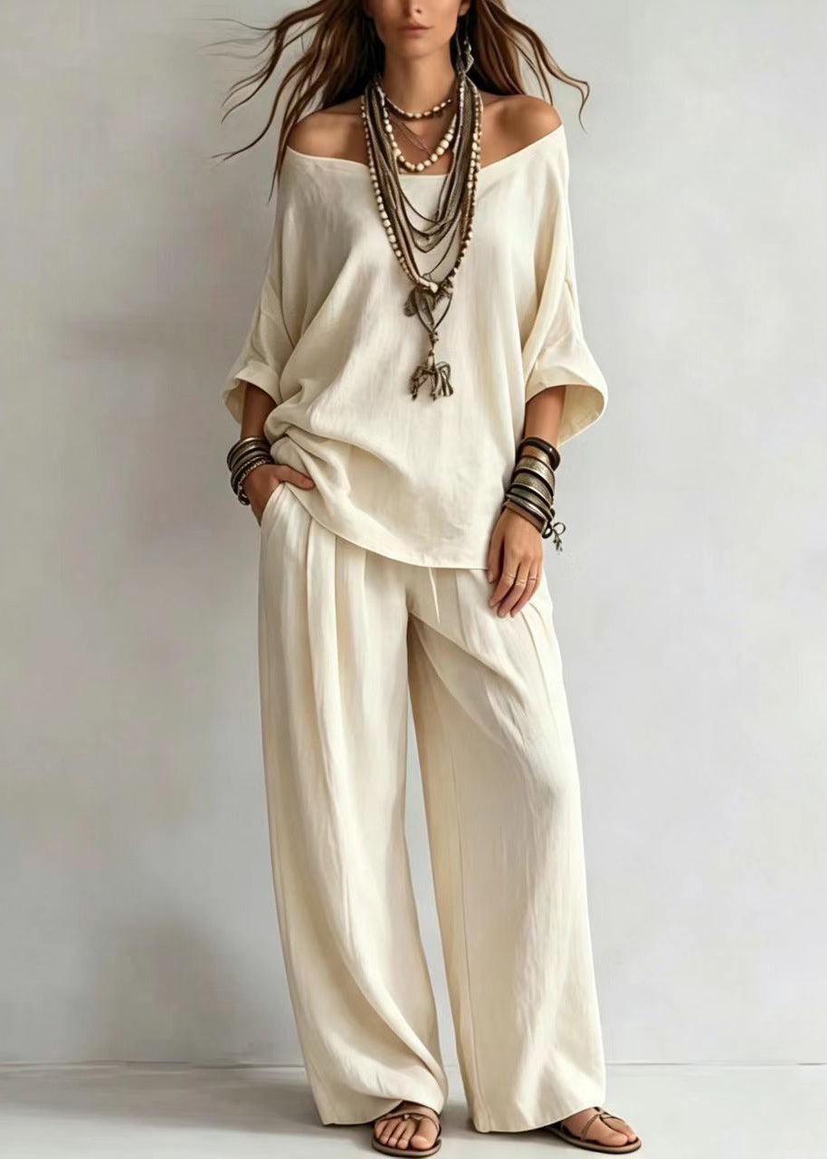 Classy White Slash Neck Top And Wide Leg Pants Two Pieces Set Bracelet Sleeve