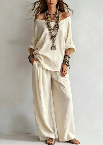 Classy White Slash Neck Top And Wide Leg Pants Two Pieces Set Bracelet Sleeve