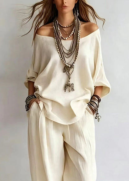 Classy White Slash Neck Top And Wide Leg Pants Two Pieces Set Bracelet Sleeve