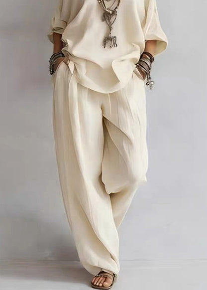 Classy White Slash Neck Top And Wide Leg Pants Two Pieces Set Bracelet Sleeve