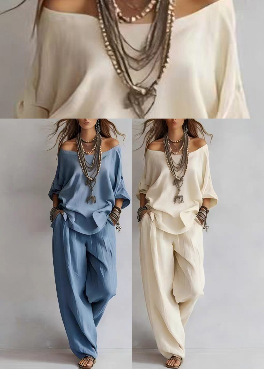 Classy White Slash Neck Top And Wide Leg Pants Two Pieces Set Bracelet Sleeve