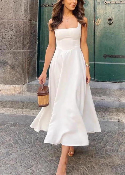 Classy White Square Collar Exra Large Hem Long Dresses Summer