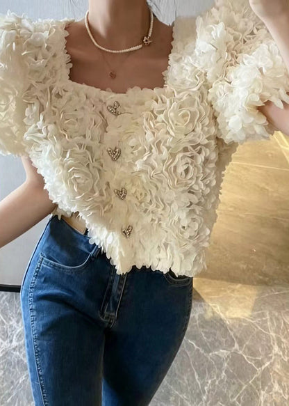 Classy White Square Collar Stereoscopic Floral Chiffon Shirt Top Summer