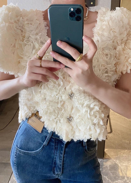 Classy White Square Collar Stereoscopic Floral Chiffon Shirt Top Summer