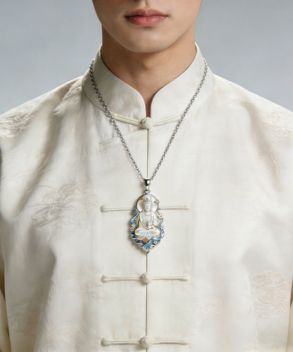 Classy White Stainless Steel Enamel Guanyin Pendant Necklace