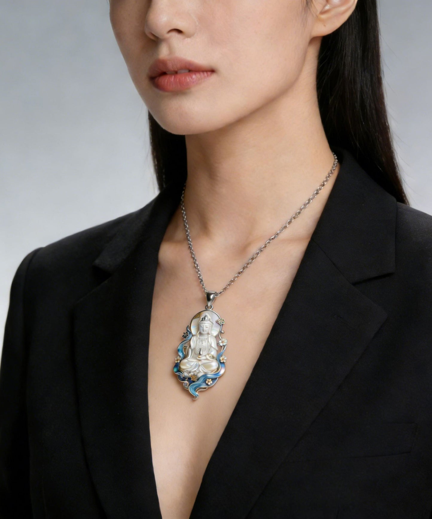 Classy White Stainless Steel Enamel Guanyin Pendant Necklace