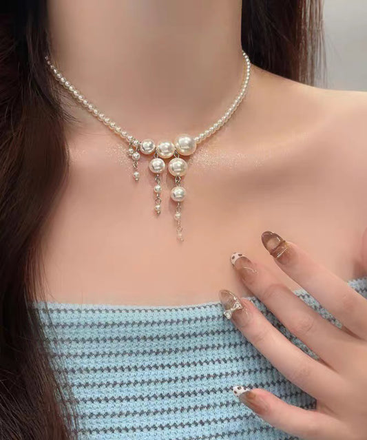 Classy White Stainless Steel Pearl Tassel Pendant Necklace