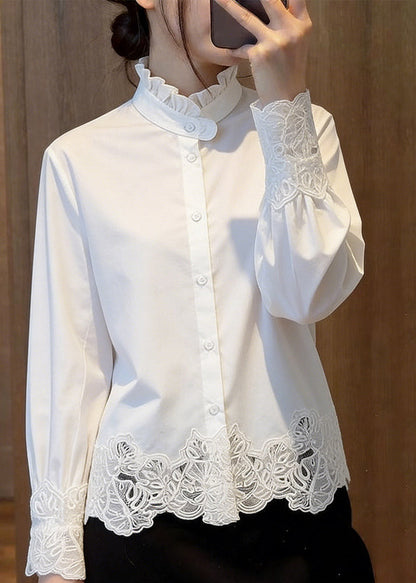 Classy White Stand Collar Hollow Out Solid Shirts Fall