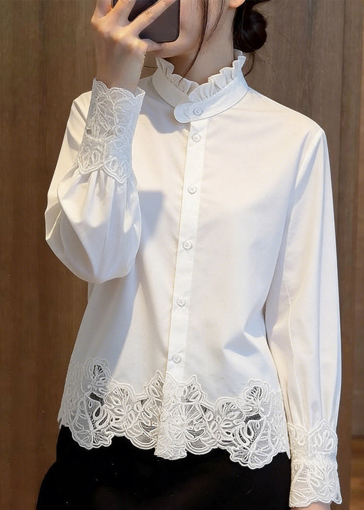 Classy White Stand Collar Hollow Out Solid Shirts Fall