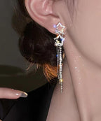 Classy White Sterling Silver Alloy Five Pointed Star Zircon Tassel Drop Earrings