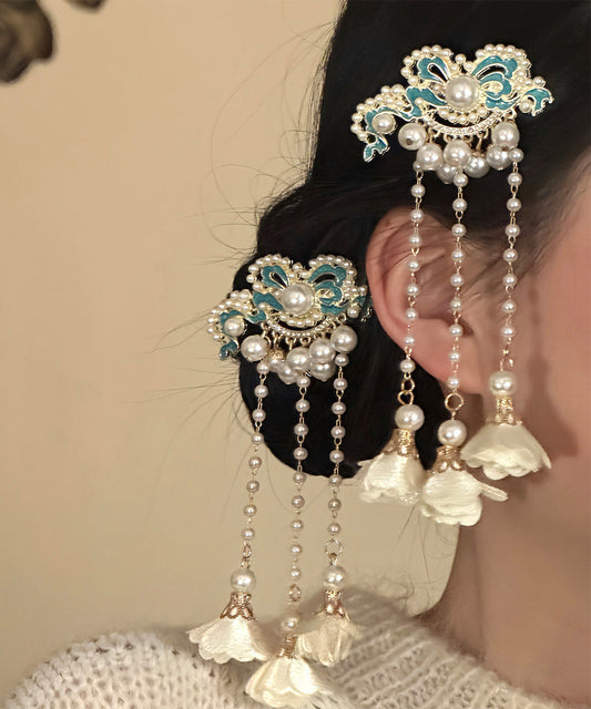 Classy White Sterling Silver Overgild Enameling Floral Tassel A Pair Hairpin