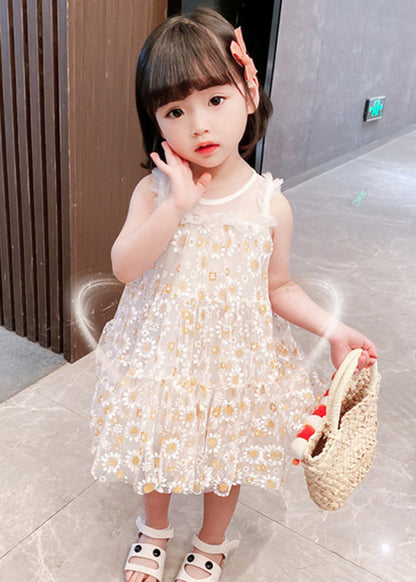 Classy White Sunflower Lace Patchwork Tulle Girls Mid Dress Summer